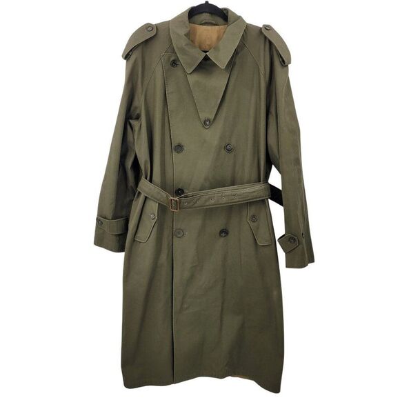 Vintage Army Green Military Trench Coat XL Belt Shoulder Tab Warcore Trenchcore - Picture 14 of 14